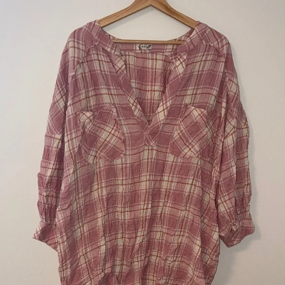 Free People Plaid Pink Women's Top Tunic size small oversized Bubble sleeve - Picture 4 of 5